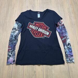 Y2K Harley Davidson Sz M Black Logo Tattoo Long Sleeve Las Vegas Made in USA